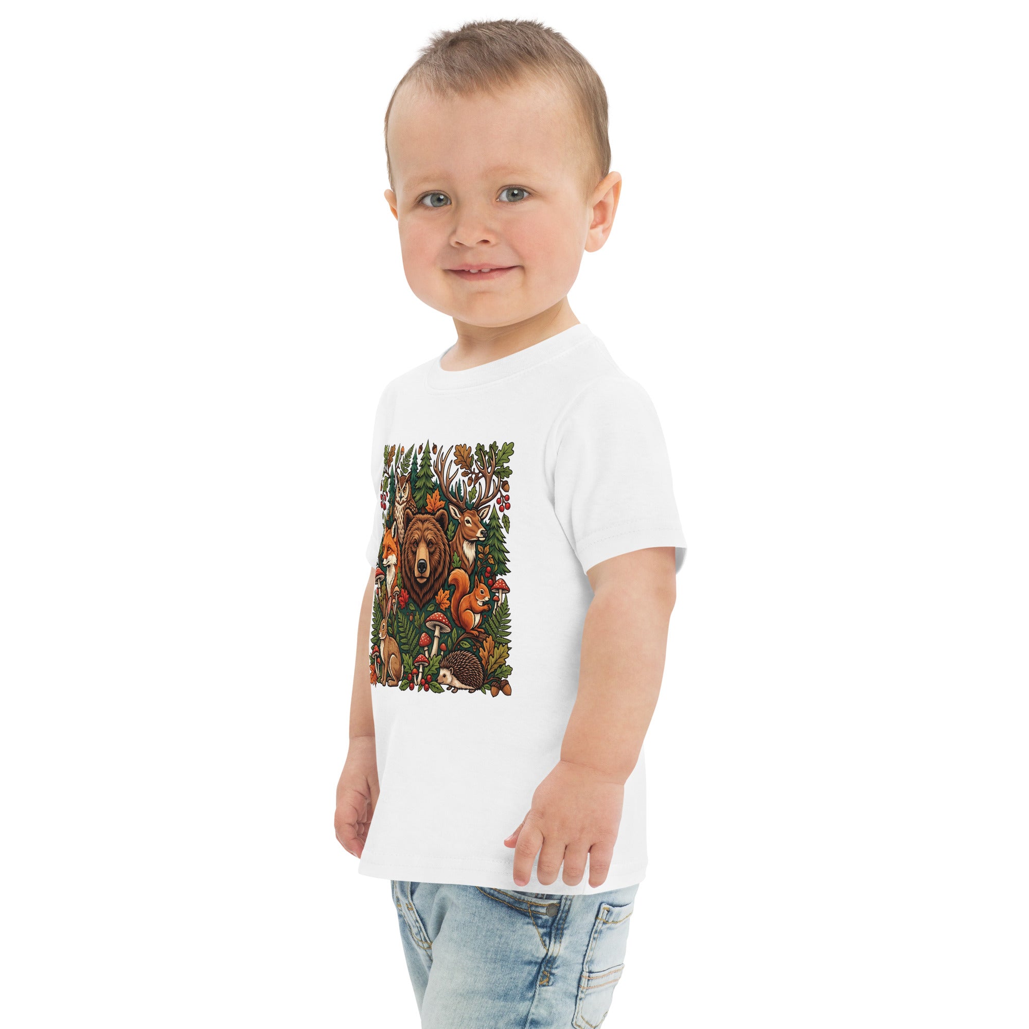 White toddler jersey t-shirt with woodland wildlife front graphic