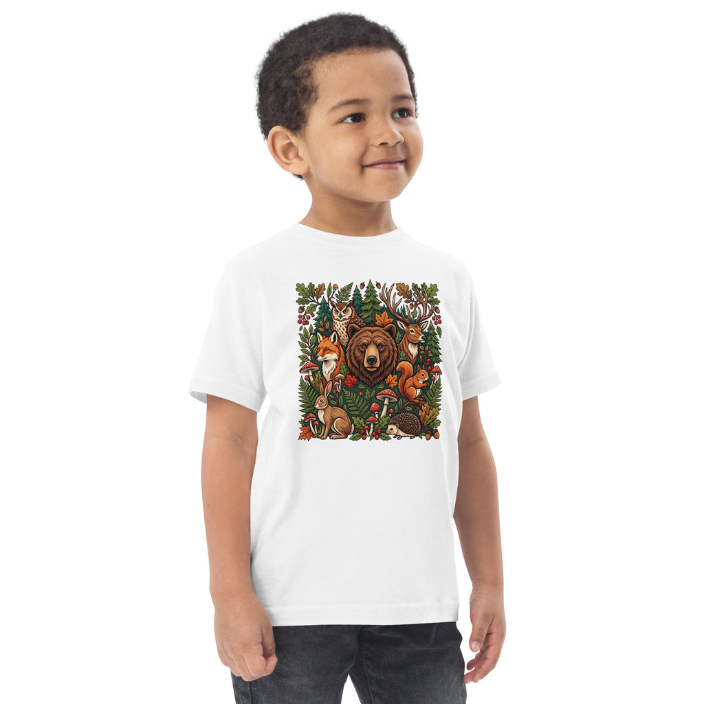 White toddler jersey T-shirt with woodland wildlife back graphic.