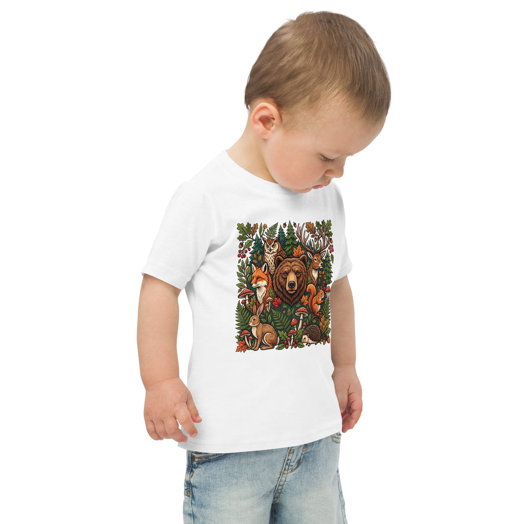 White toddler jersey t-shirt with woodland wildlife front graphic