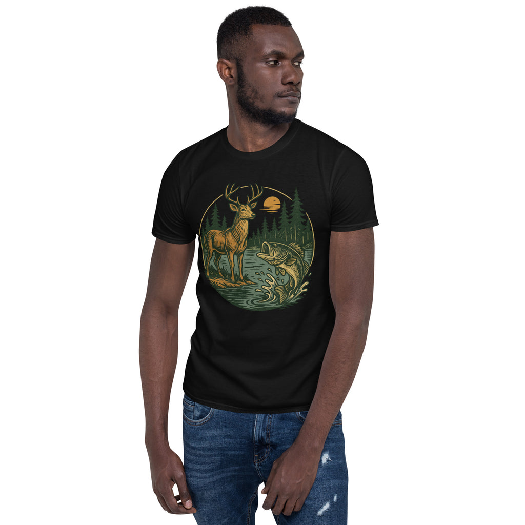 Unisex short-sleeve T-shirt in black with deer and fish graphic on the front
