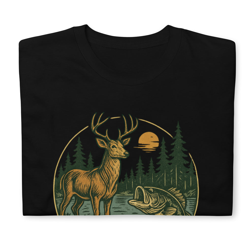 Black short-sleeve t-shirt with vintage deer and bass front graphic