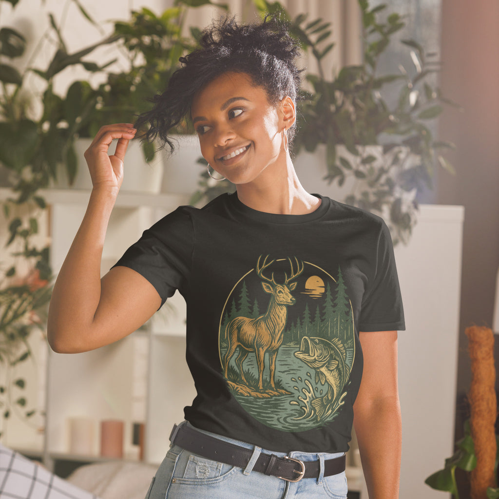 Black crew-neck short-sleeve unisex T-shirt with vintage deer and bass oval graphic