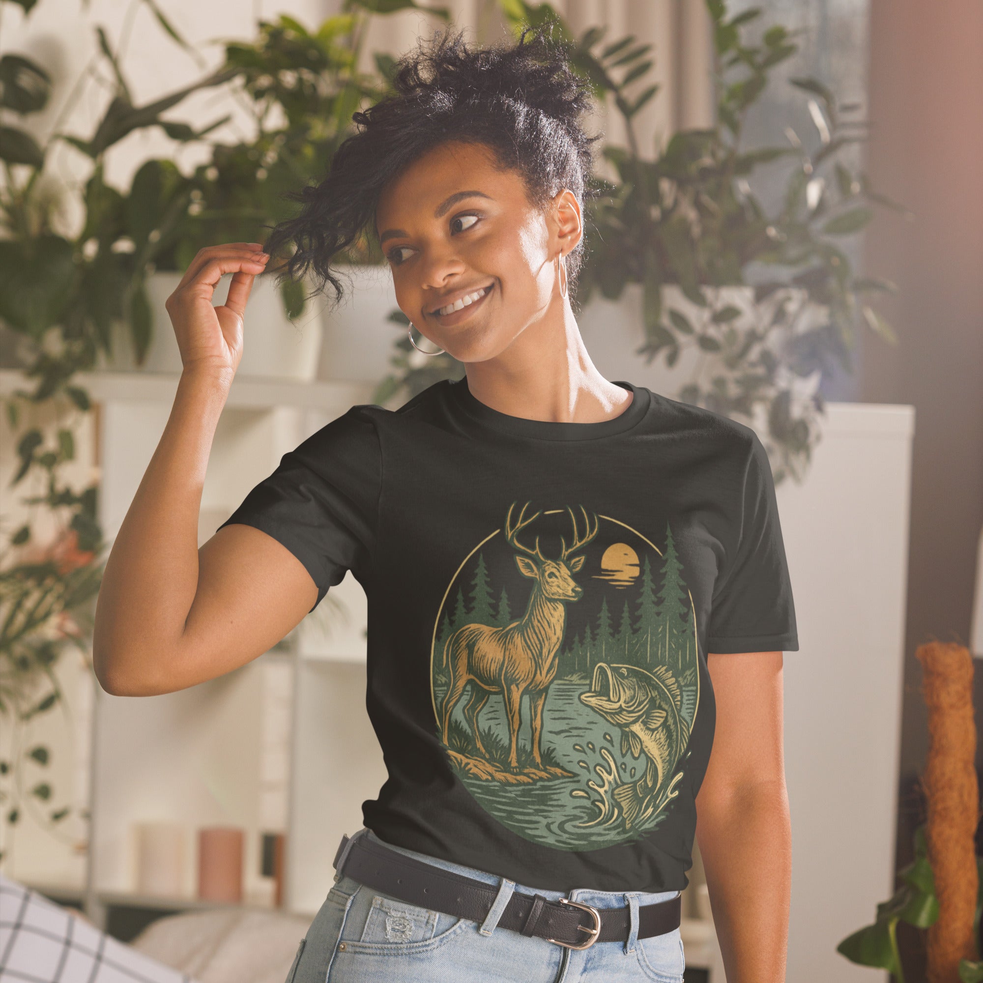 Black crew-neck short-sleeve unisex T-shirt with vintage deer and bass oval graphic