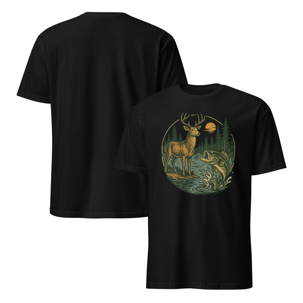 Black unisex short-sleeve T-shirt with deer and bass graphic on the chest