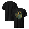Black unisex short-sleeve T-shirt with deer and bass graphic on the chest