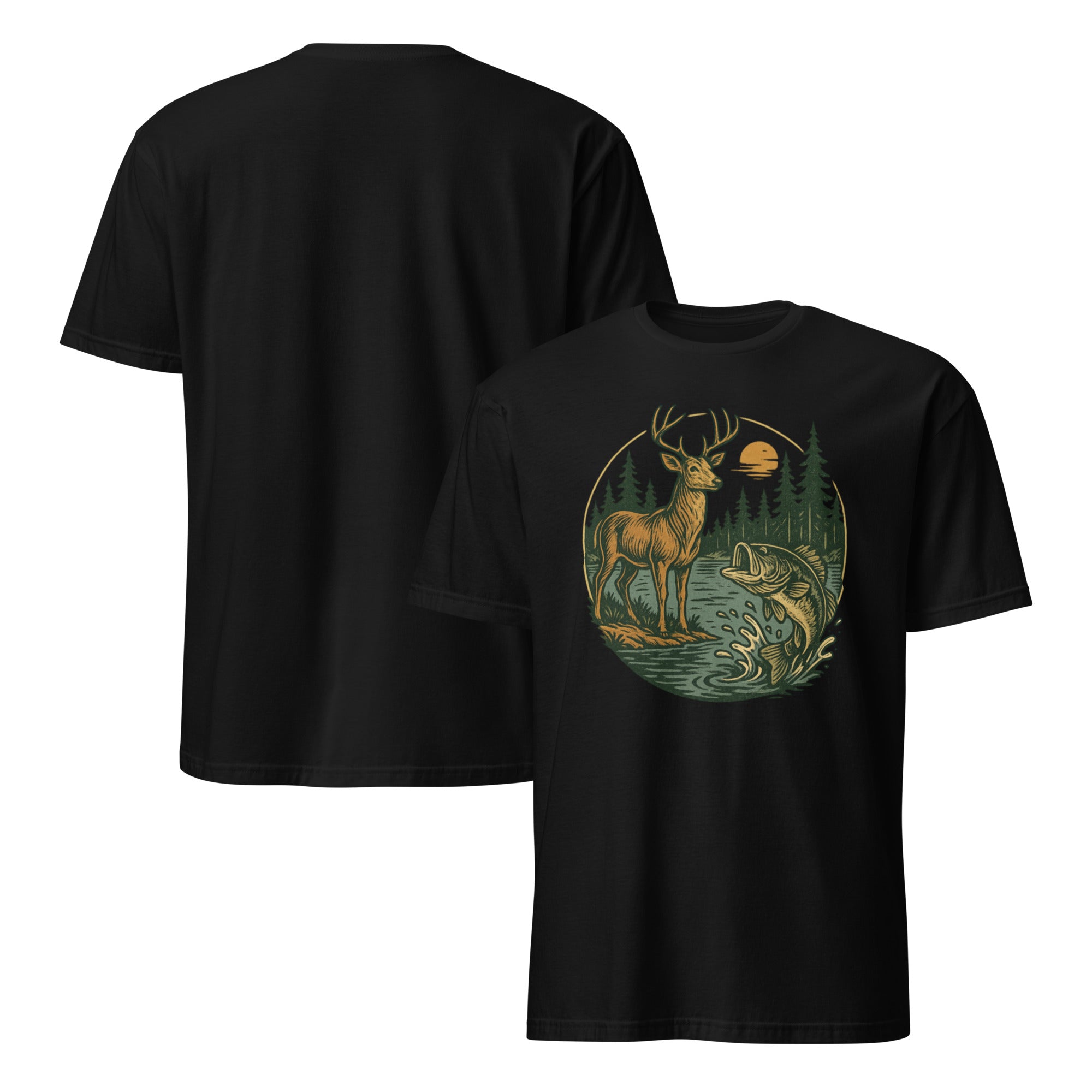 Black unisex short-sleeve T-shirt with deer and bass graphic on the chest