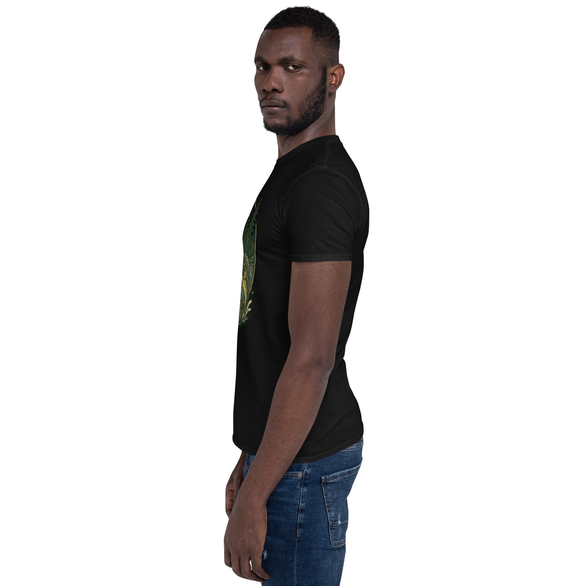 Black short-sleeve T-shirt with deer and bass graphic on front, crew neck