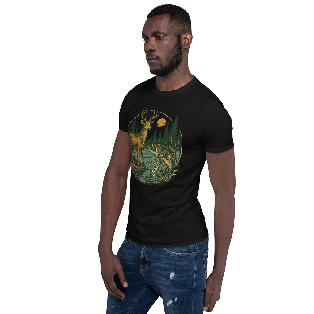 Black unisex short-sleeve T-shirt with deer and bass graphic on front