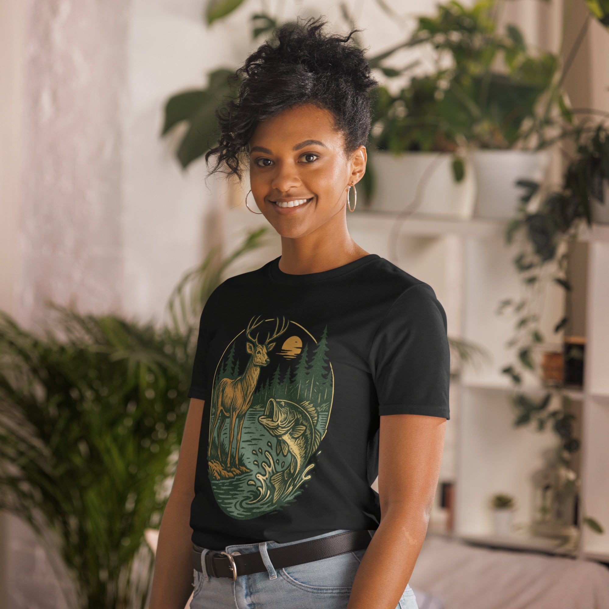 Unisex short-sleeve T-shirt with deer and bass graphic, black