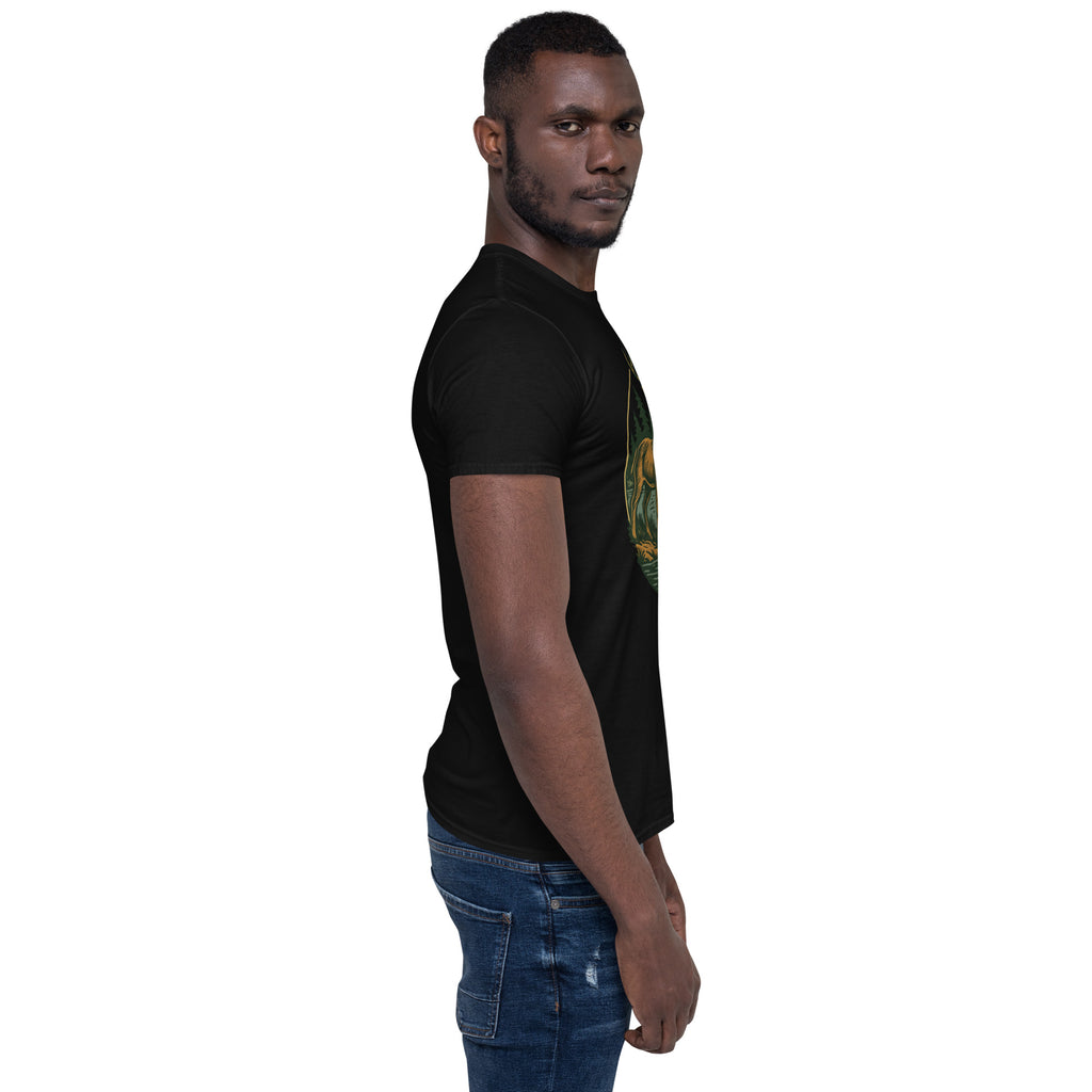 Unisex short-sleeve T-shirt, black, with deer and bass chest graphic