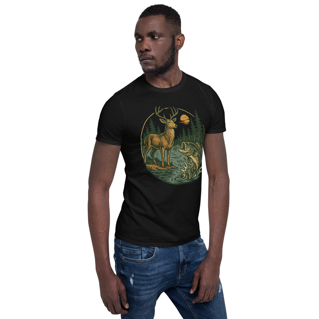 Black crewneck T-shirt with vintage deer and fish graphic on front