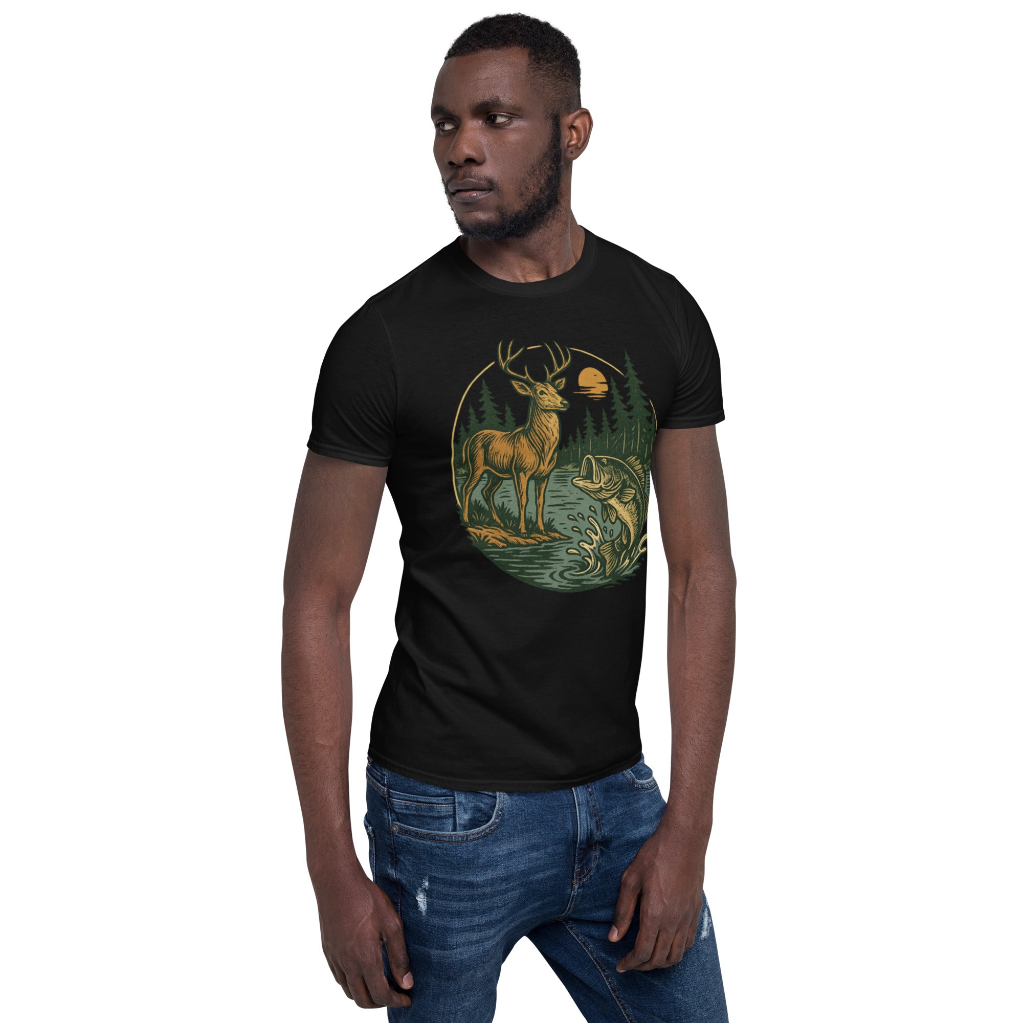 Black crewneck T-shirt with vintage deer and fish graphic on front