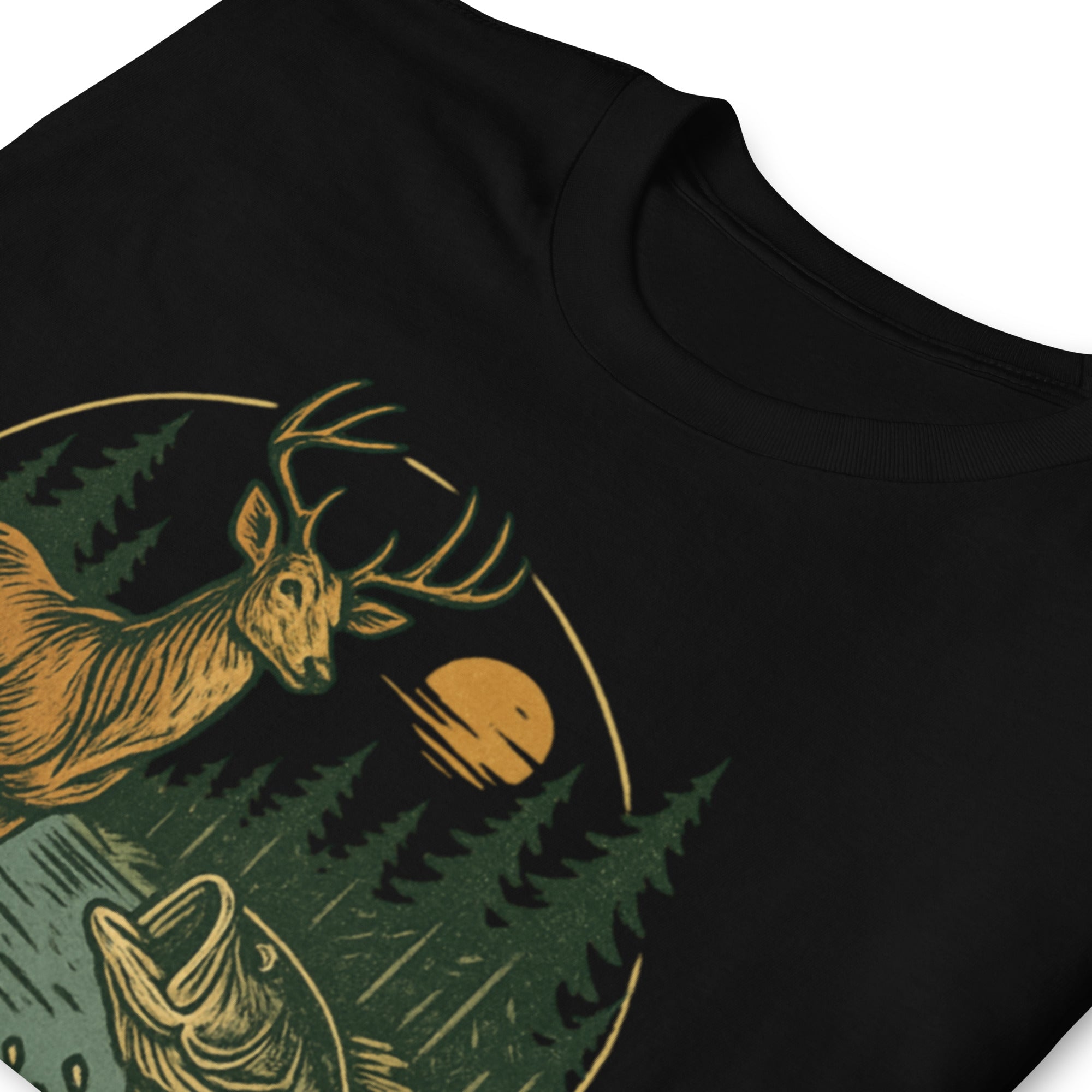 Unisex short-sleeve T-shirt, black, close-up vintage deer and bass graphic