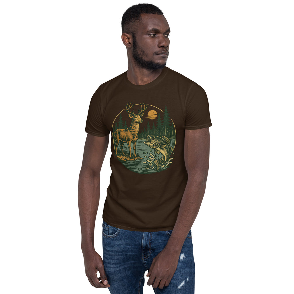 Unisex short-sleeve T-shirt in dark brown with deer and fish graphic on the front