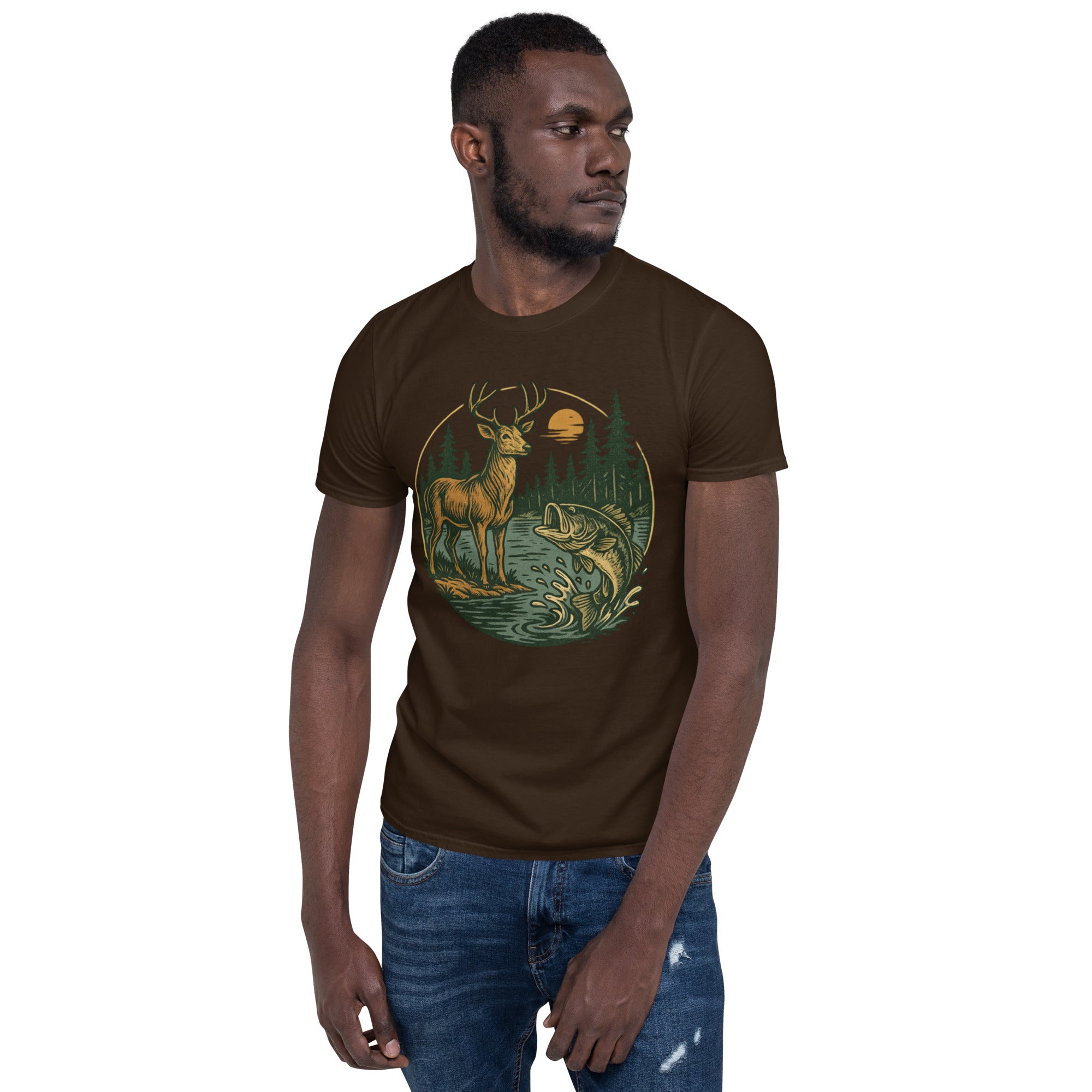Unisex short-sleeve T-shirt in dark brown with deer and fish graphic on the front