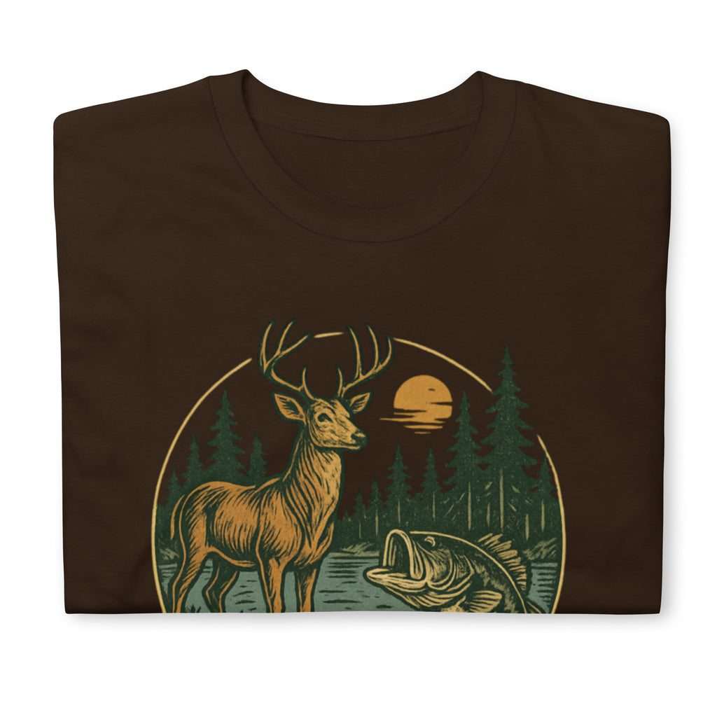 Dark brown short-sleeve t-shirt with vintage deer and bass front graphic