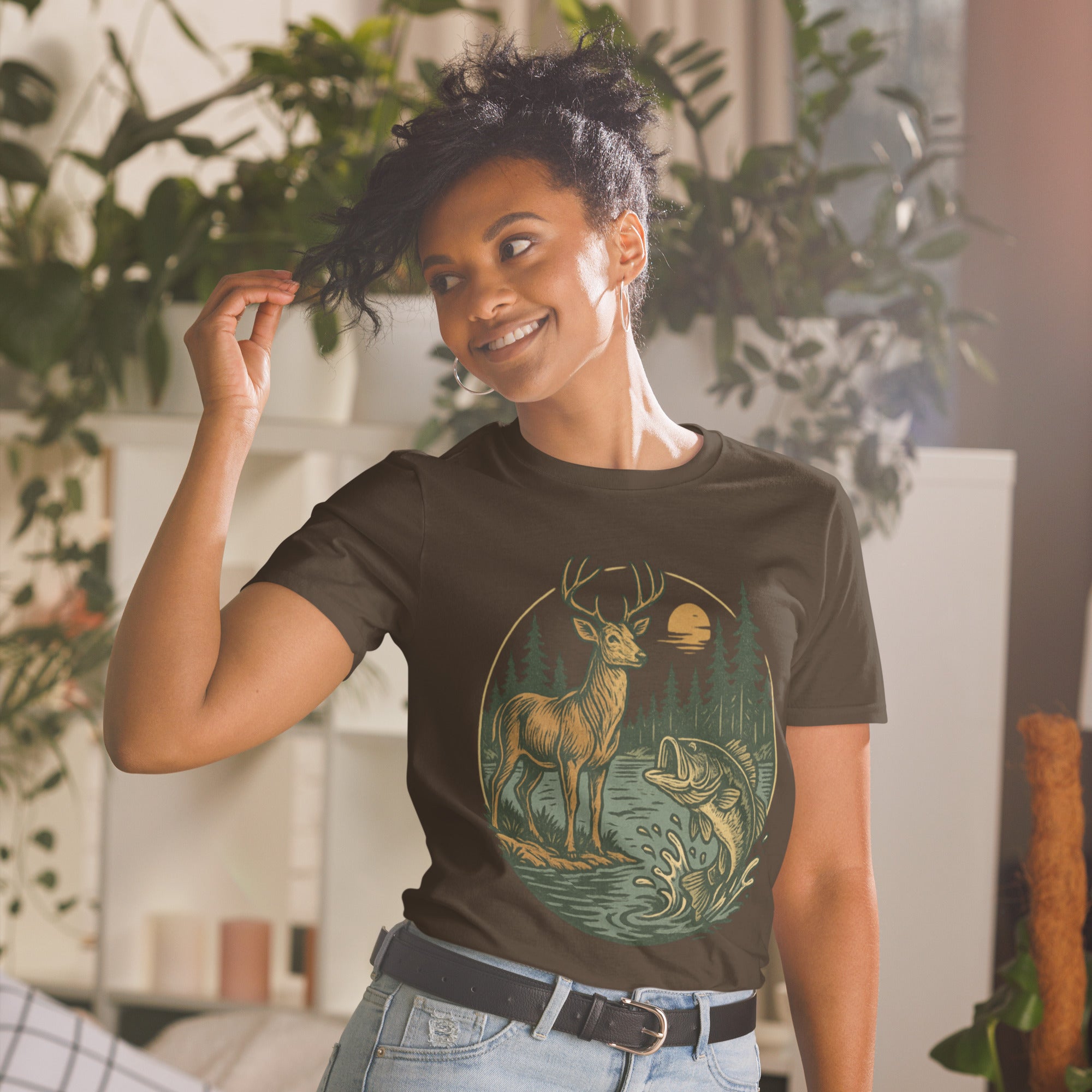 Black short-sleeve unisex T-shirt with deer, fish, and trees vintage scene graphic