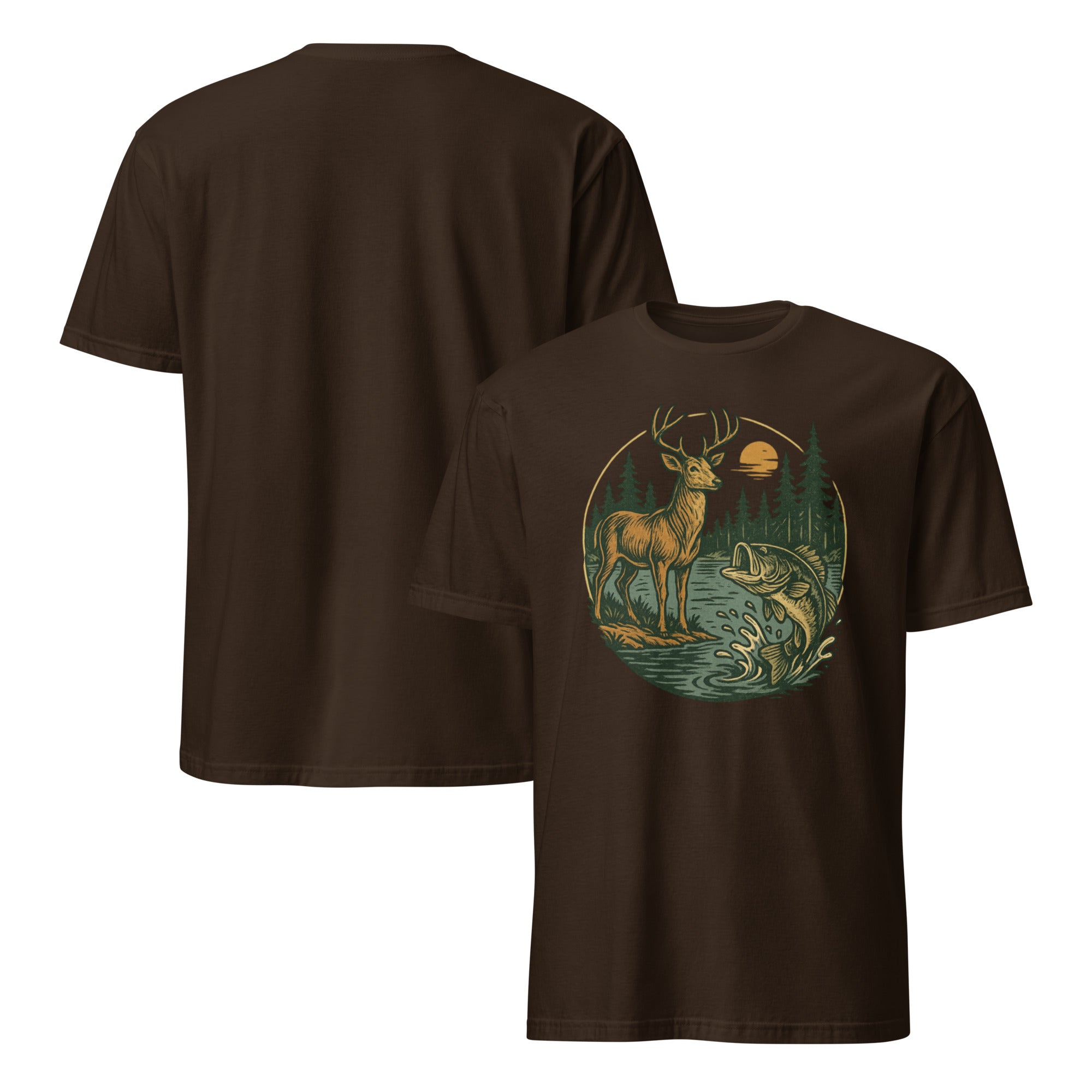 Dark brown unisex short-sleeve T-shirt with deer and bass graphic on the chest