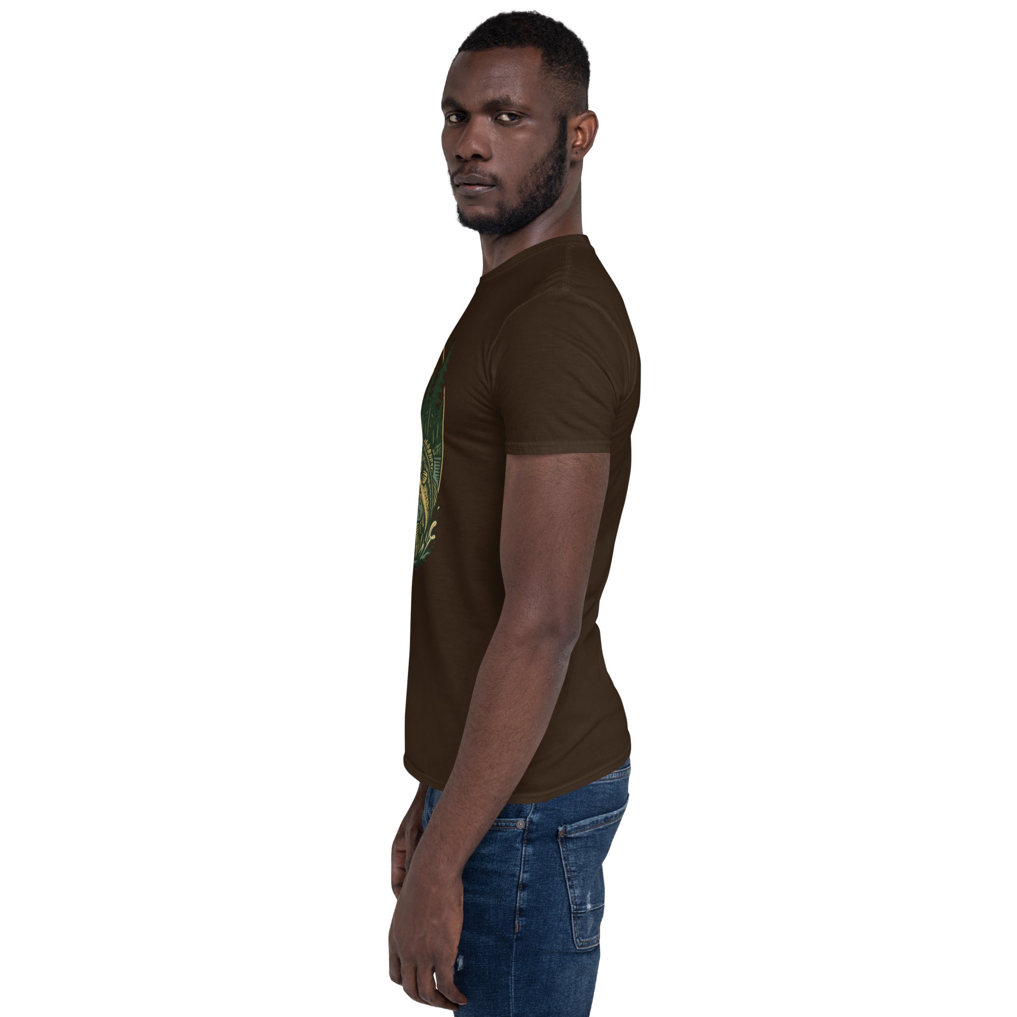 Dark brown short-sleeve T-shirt with deer and bass graphic on front, crew neck