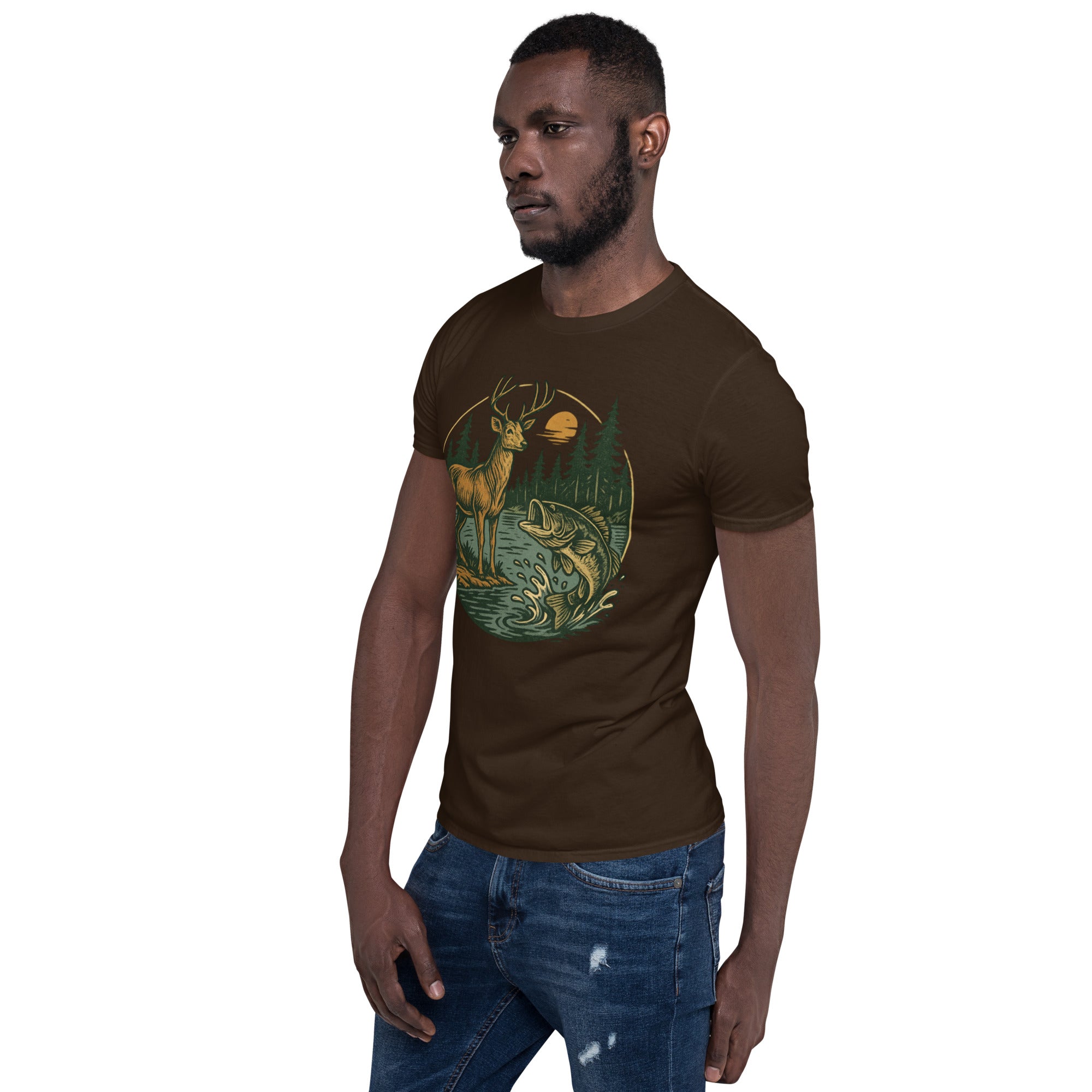 Unisex short-sleeve T-shirt in dark brown with vintage deer-and-bass front graphic