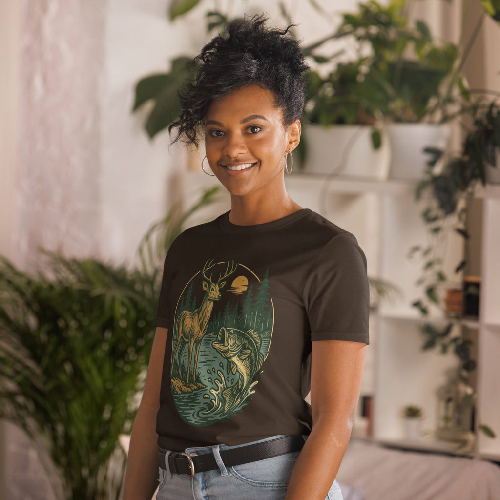 Unisex short-sleeve T-shirt with deer and bass graphic, dark brown