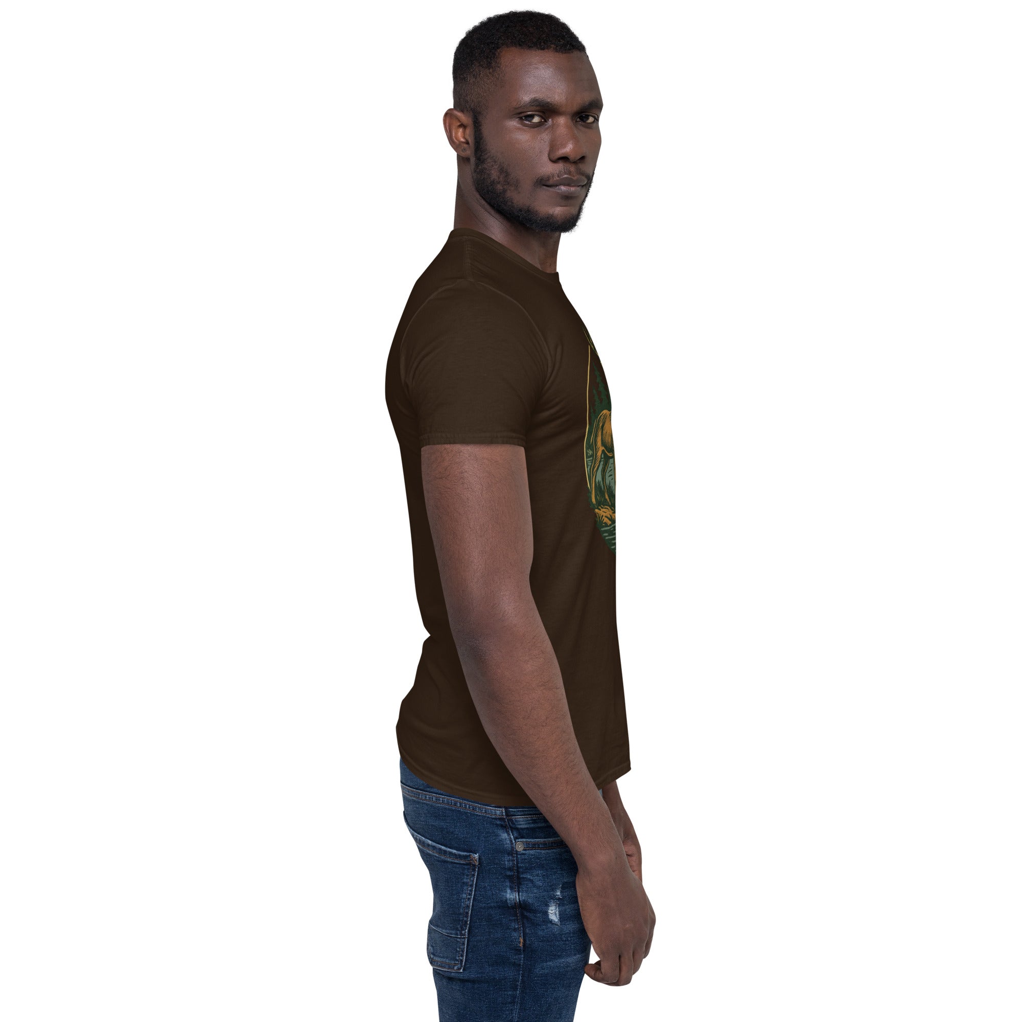 Unisex short-sleeve T-shirt, dark brown, with deer and bass chest graphic