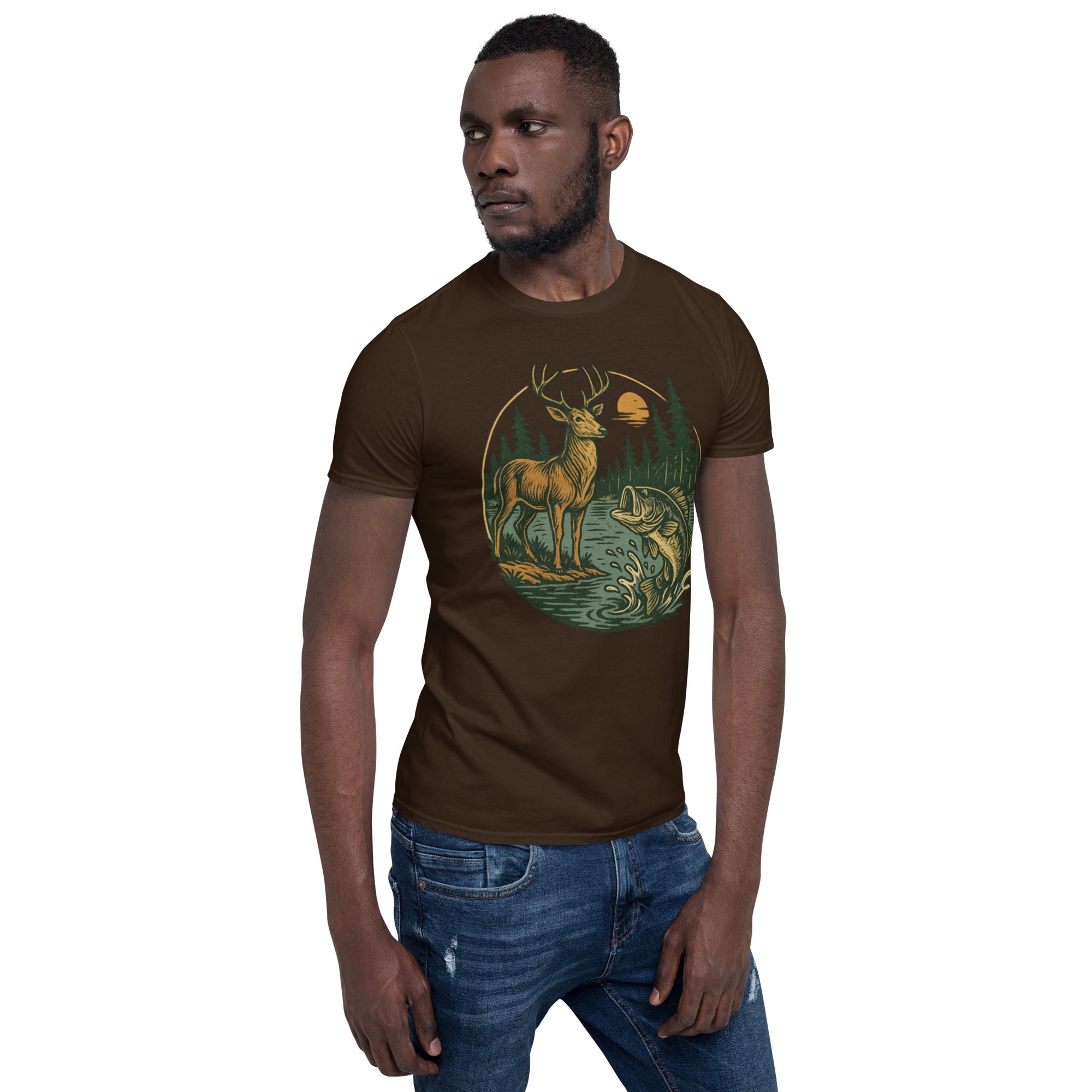 Dark brown crewneck T-shirt with vintage deer and fish graphic on front