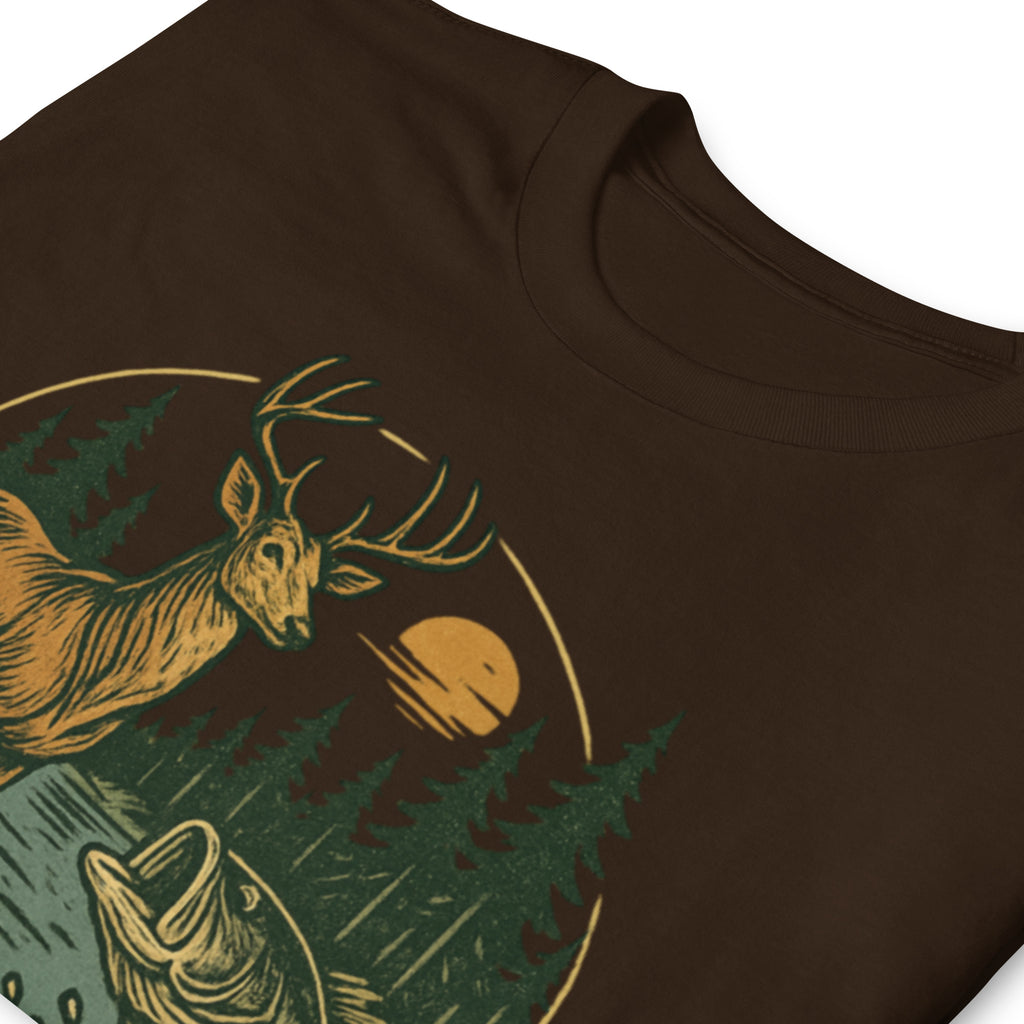 Dark chocolate unisex T-shirt with deer and bass graphic, short sleeves
