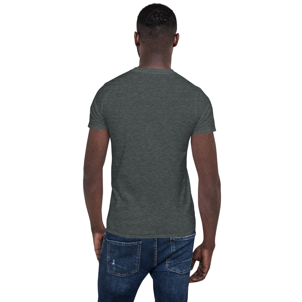 Unisex short-sleeve T-shirt in dark heather gray, plain back view.