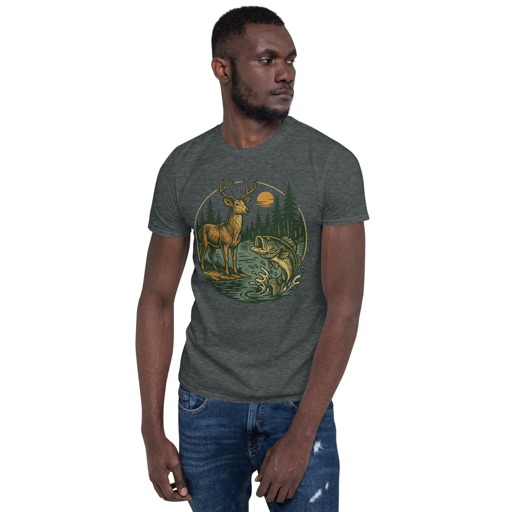 Unisex short-sleeve T-shirt in heather gray with vintage deer and bass graphic