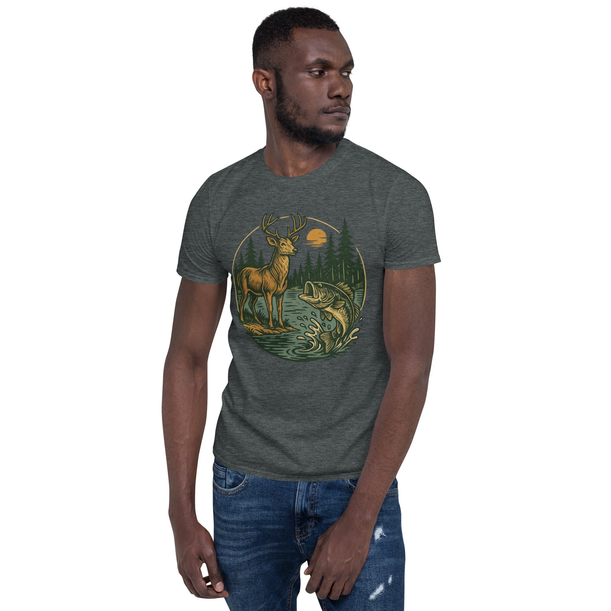 Unisex short-sleeve T-shirt in heather gray with vintage deer and bass graphic
