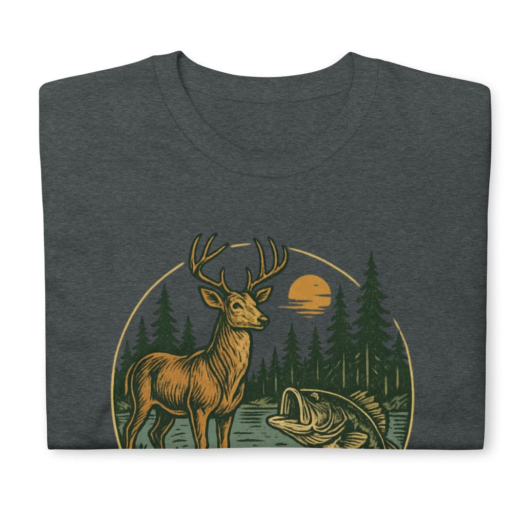 Dark heather gray short-sleeve t-shirt with vintage deer and bass front graphic