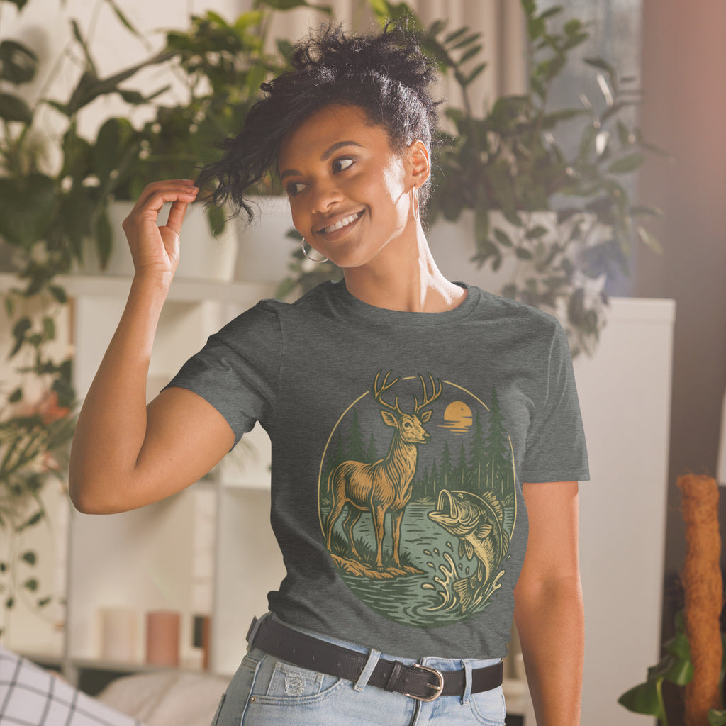 Dark gray short-sleeve unisex T-shirt with vintage deer and bass chest graphic