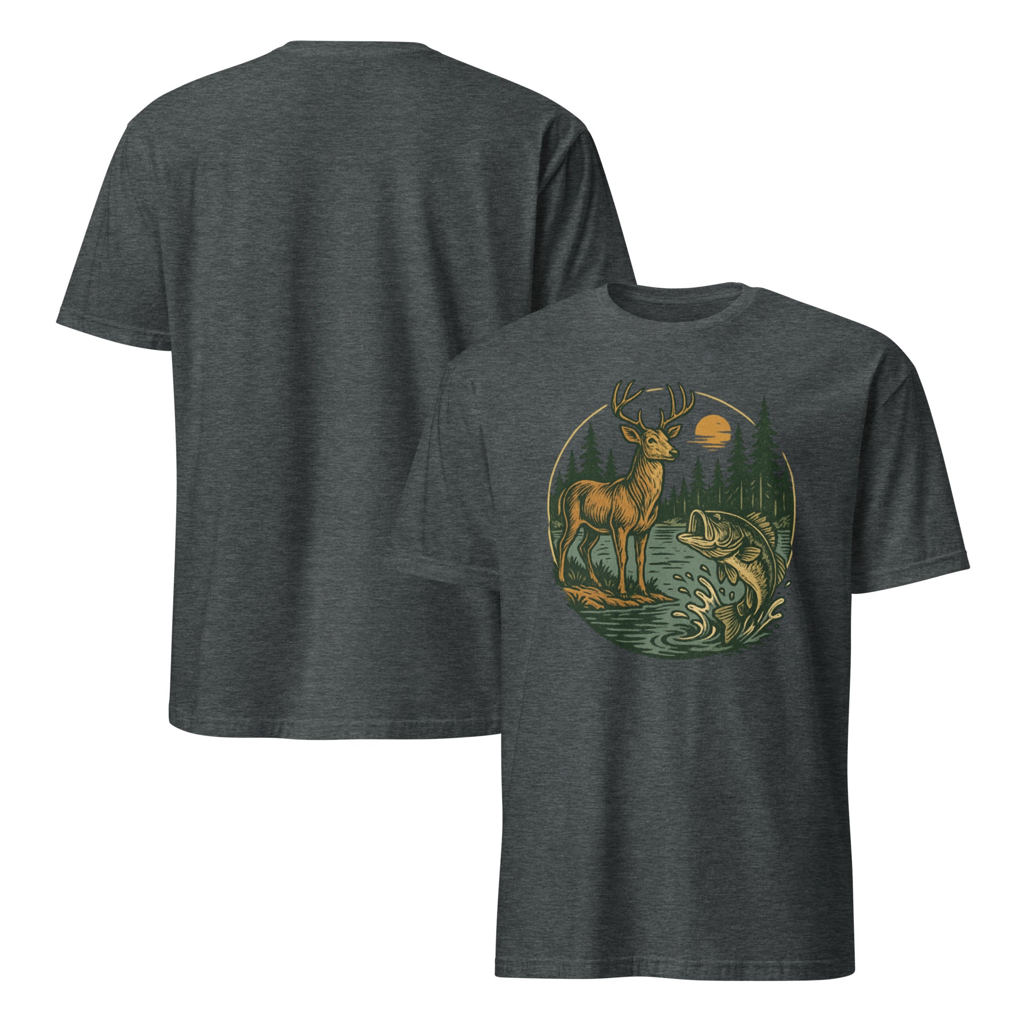 Dark heather gray unisex short-sleeve T-shirt with deer and bass graphic on the chest