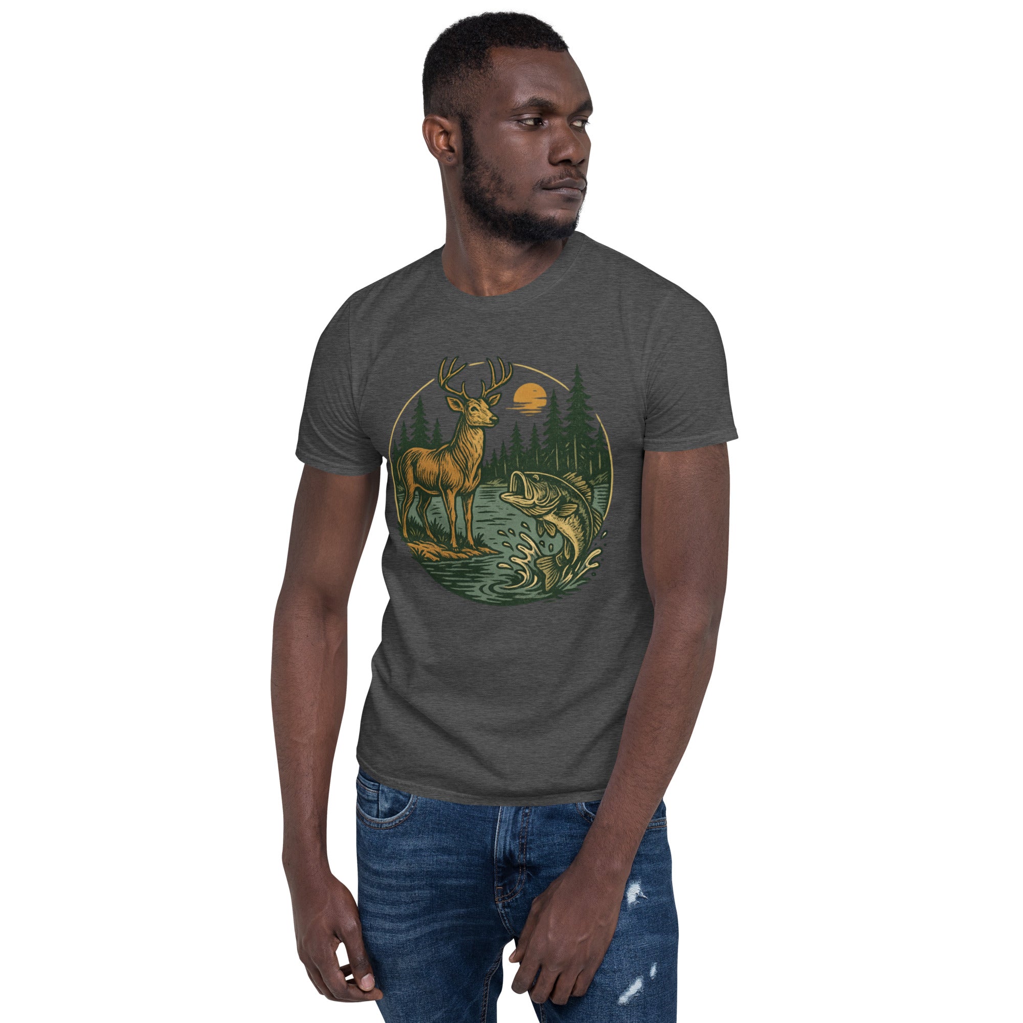 Unisex short-sleeve T-shirt in dark heather gray with centered deer and bass graphic