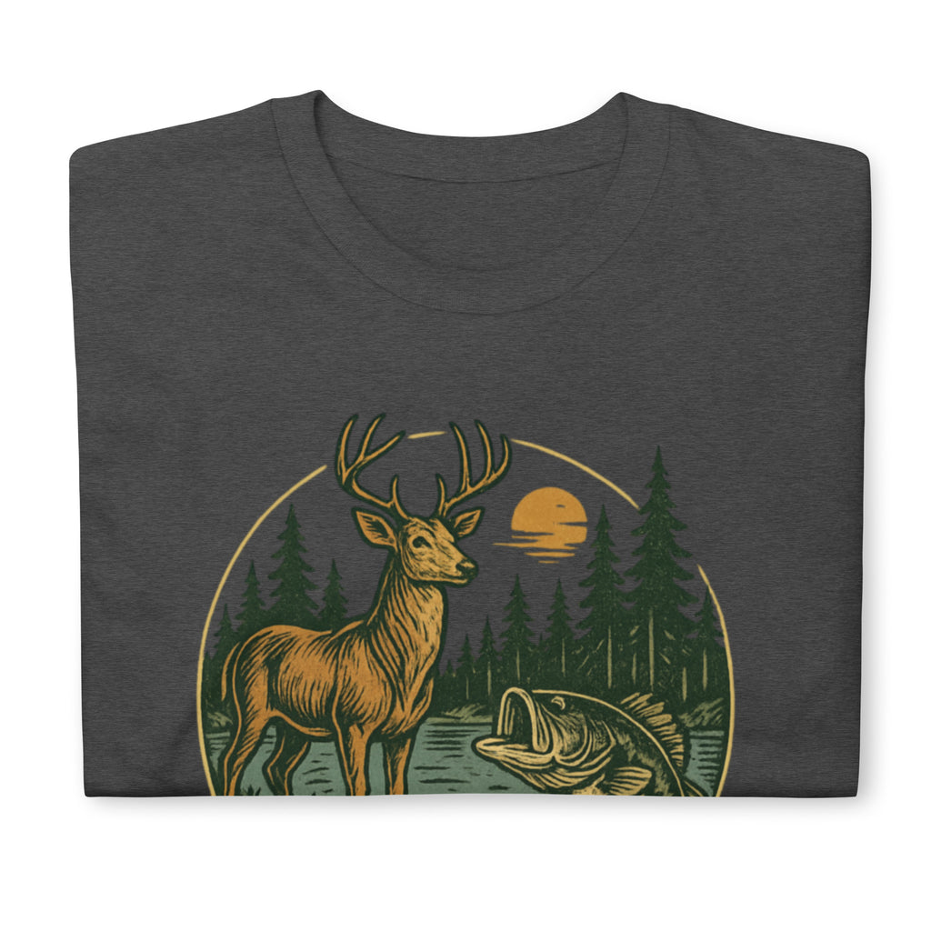 Dark heather short-sleeve t-shirt with vintage deer and bass front graphic