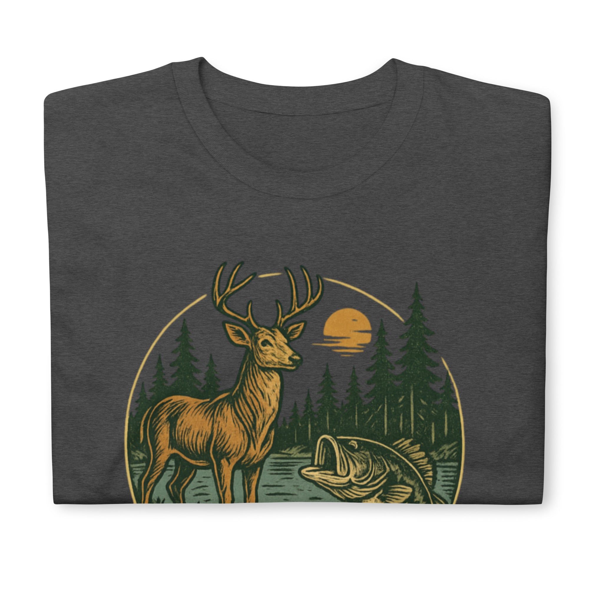 Dark heather short-sleeve t-shirt with vintage deer and bass front graphic