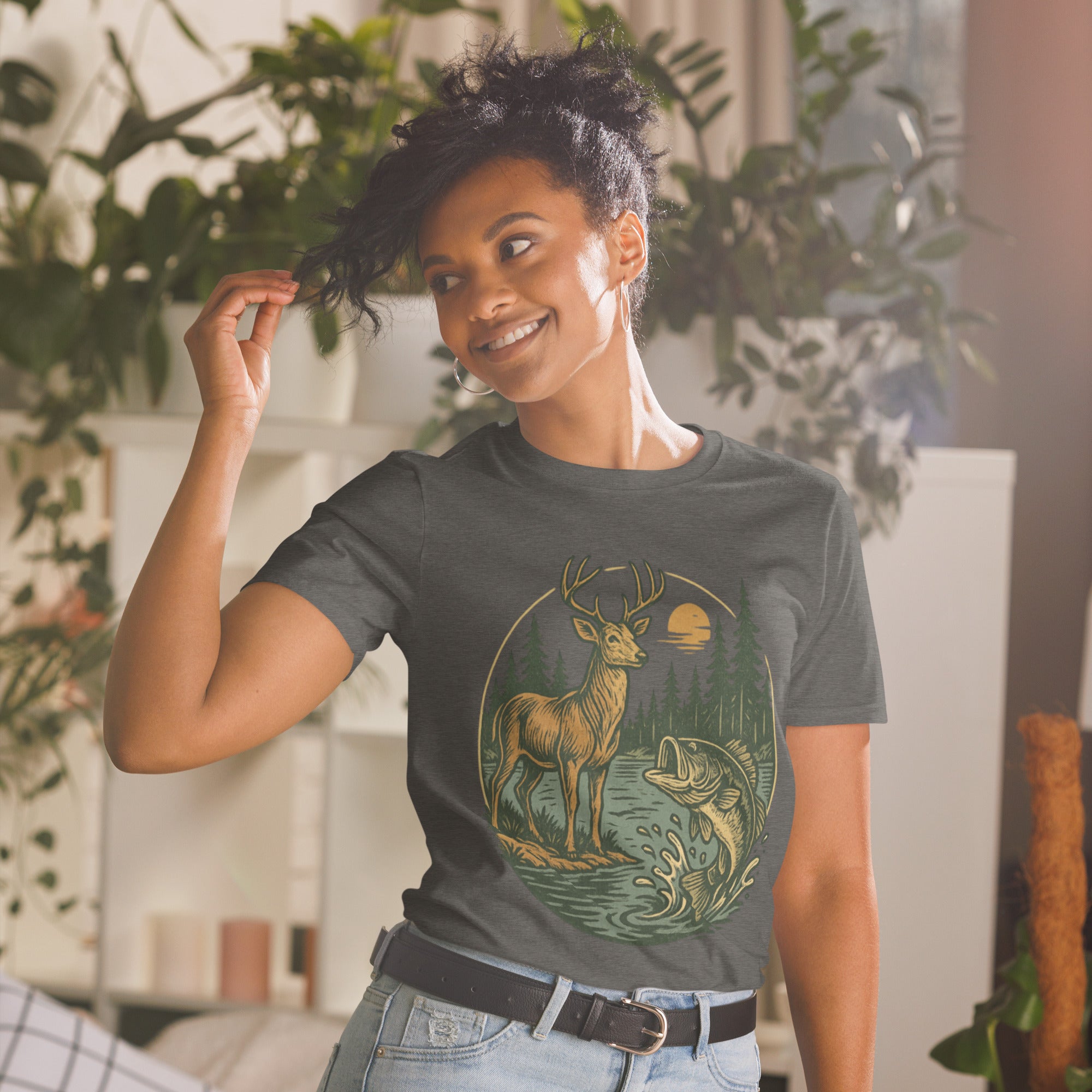 Unisex short-sleeve T-shirt, dark gray with deer and bass front graphic