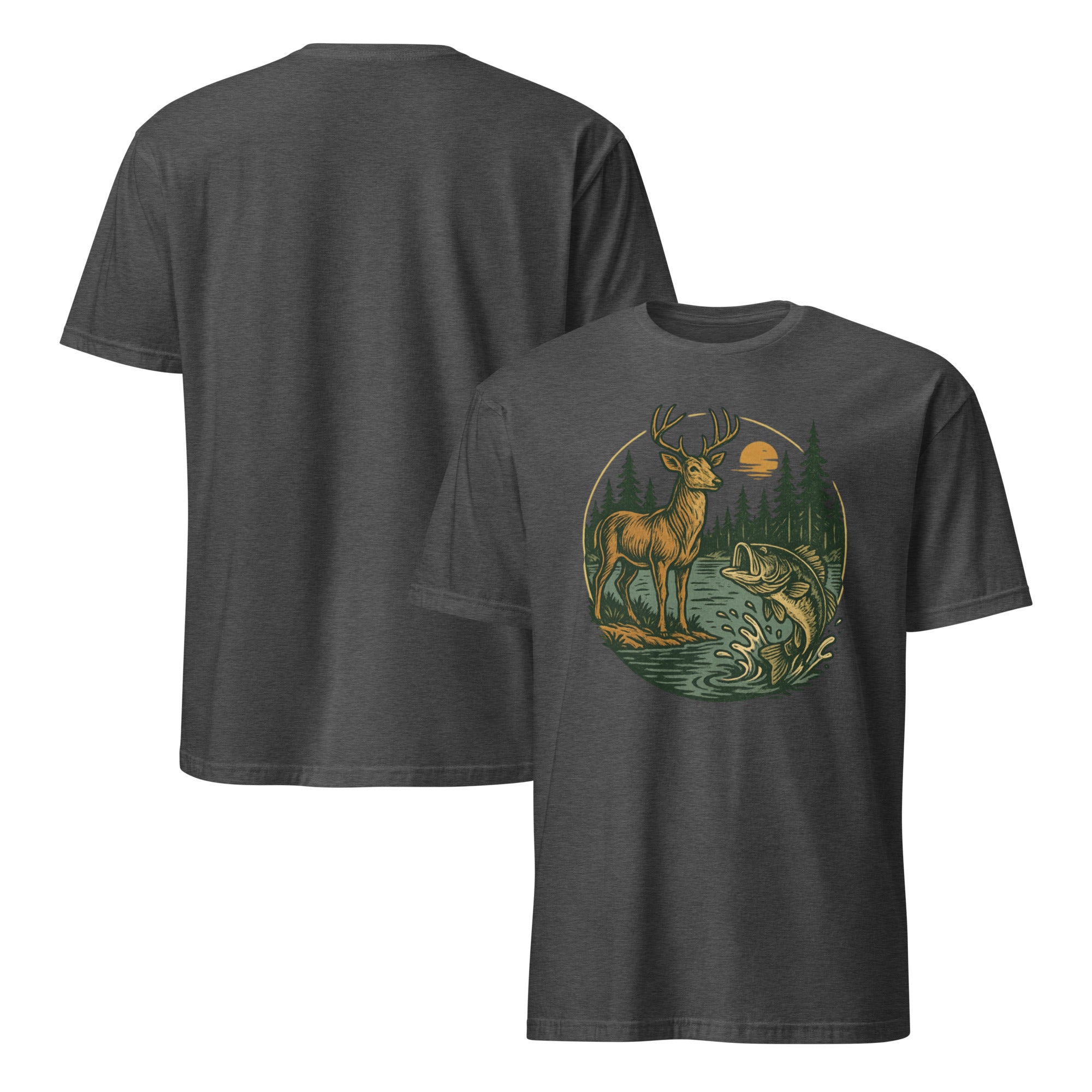 Dark heather gray unisex short-sleeve T-shirt with deer and bass graphic on the chest