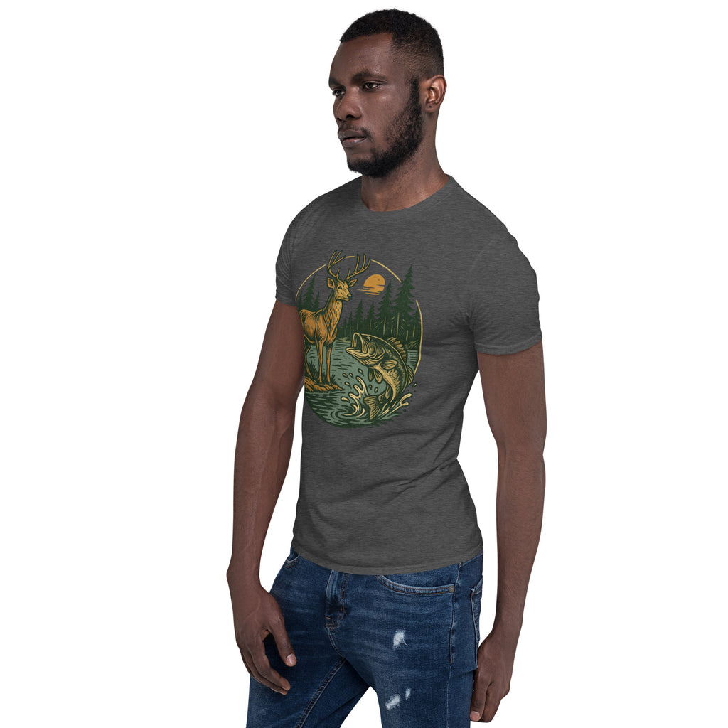 Unisex short-sleeve T-shirt in medium heather gray with vintage deer-and-bass front graphic