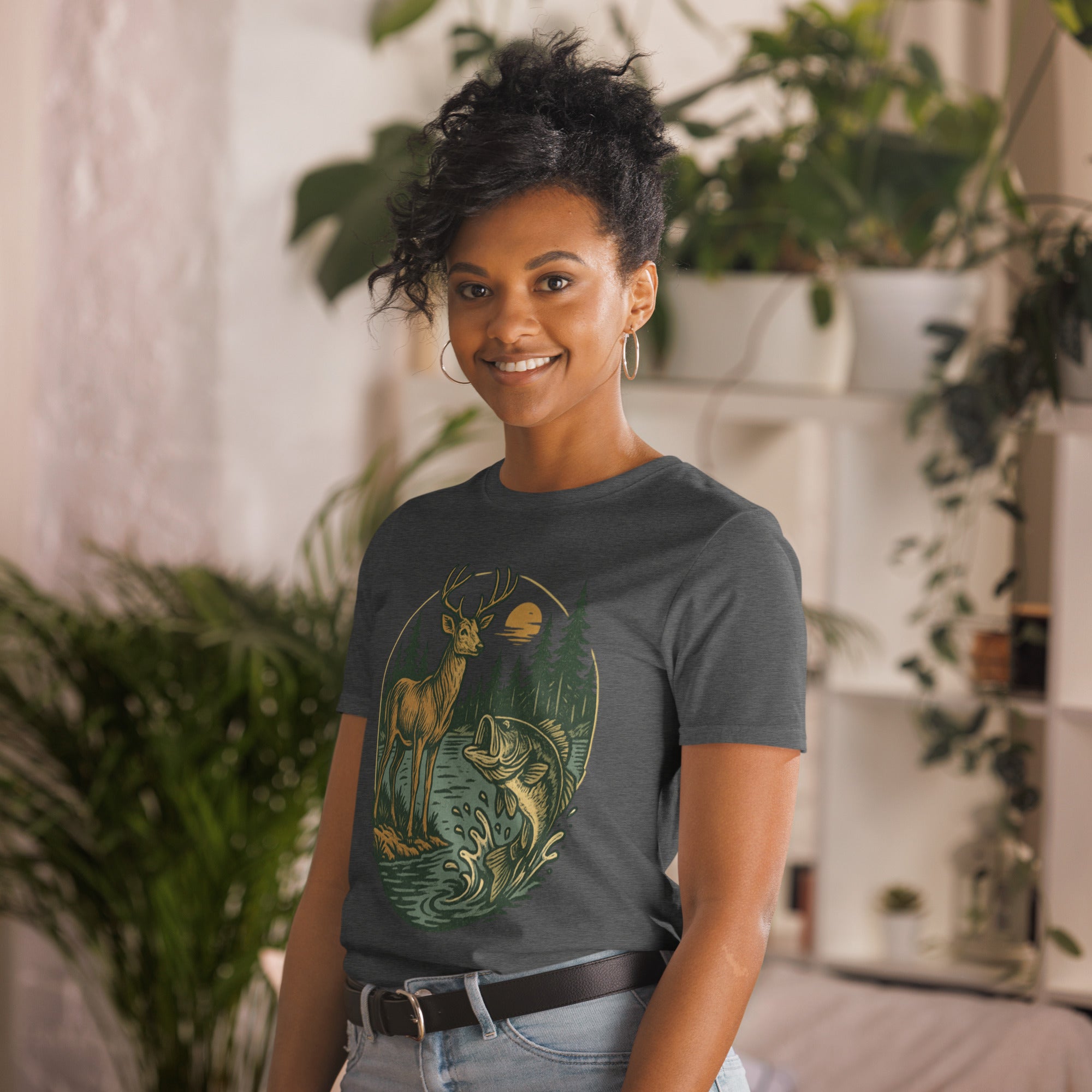 Unisex short-sleeve T-shirt with deer and bass graphic, dark charcoal heather
