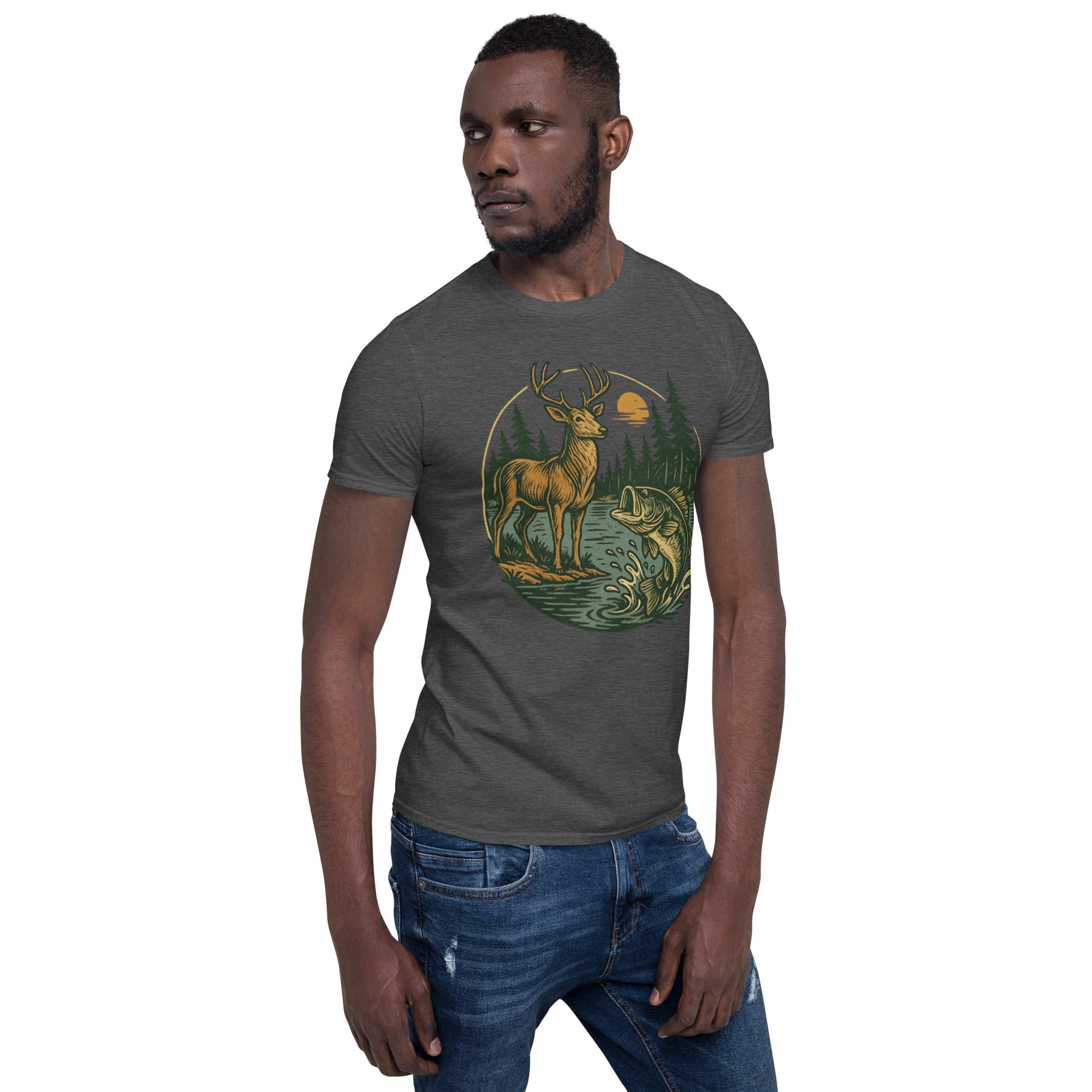 Dark charcoal heather crewneck T-shirt with vintage deer and fish graphic on front