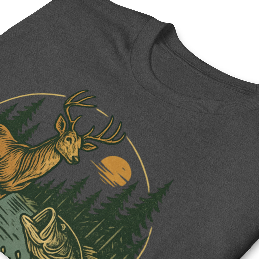 Dark heather unisex T-shirt with deer and bass graphic, short sleeves