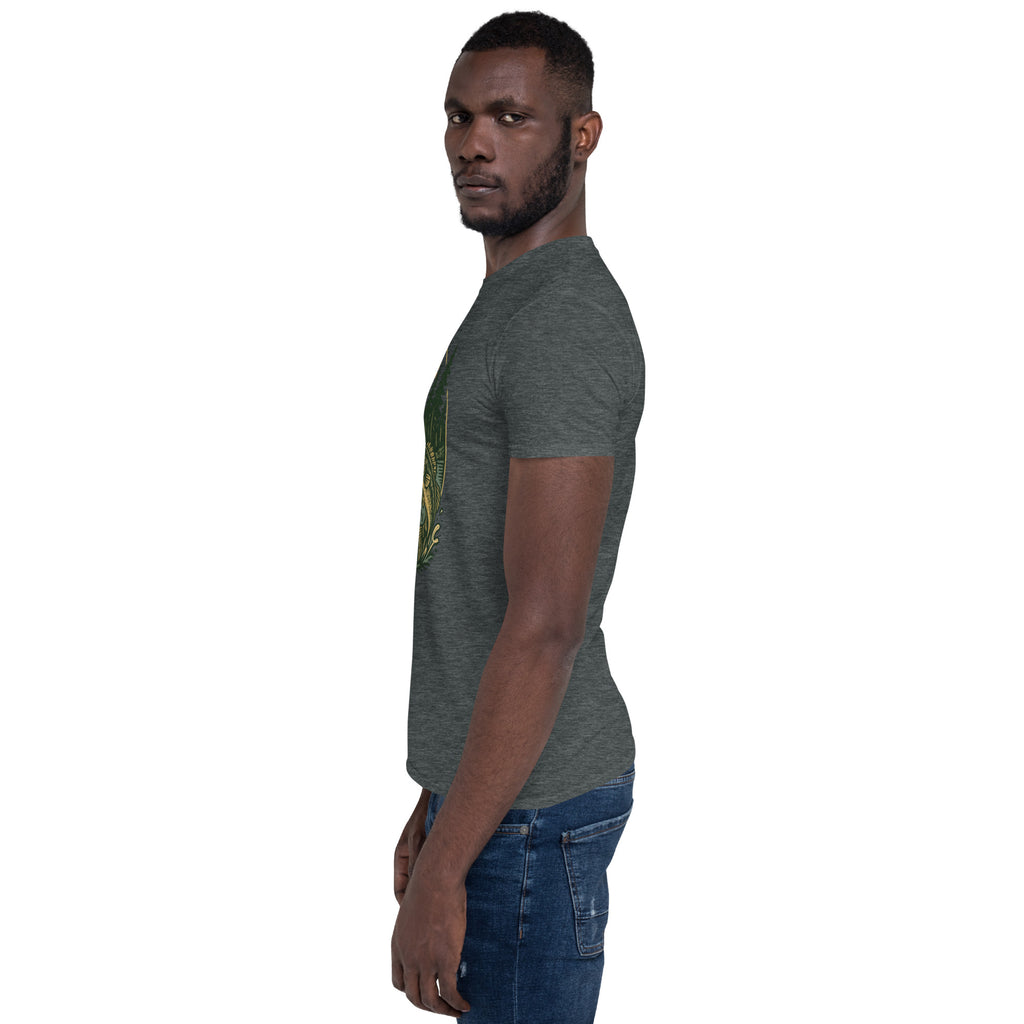 Dark heather gray short-sleeve unisex T-shirt with deer and bass graphic on chest