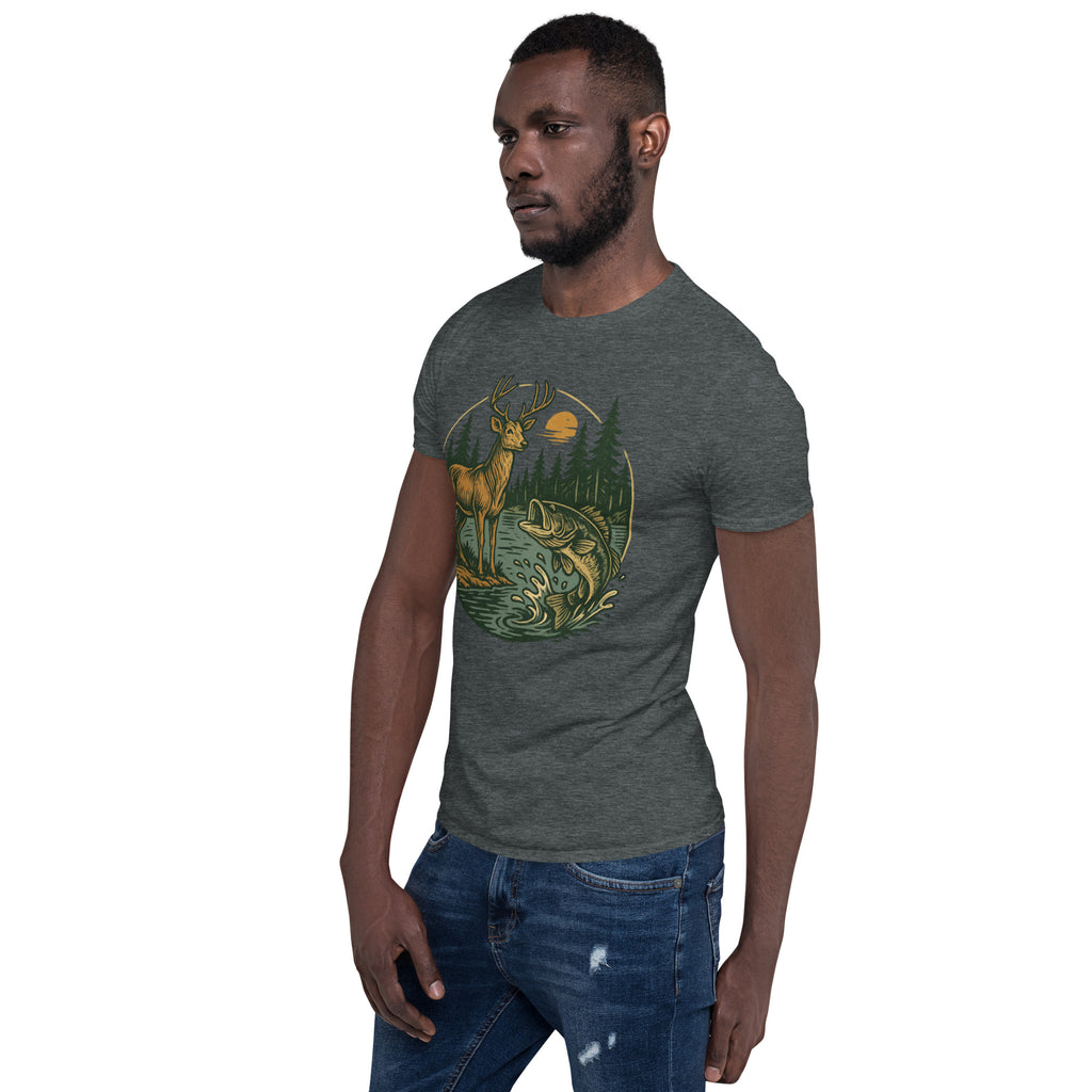 Unisex short-sleeve T-shirt in heather gray with vintage deer-and-bass front graphic