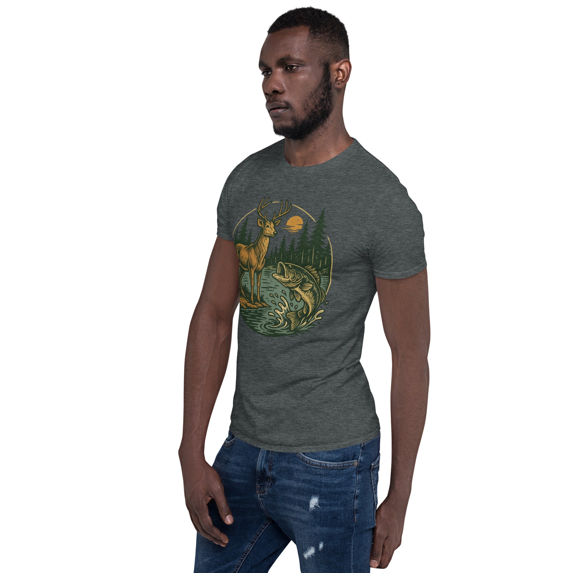 Unisex short-sleeve T-shirt in heather gray with vintage deer-and-bass front graphic