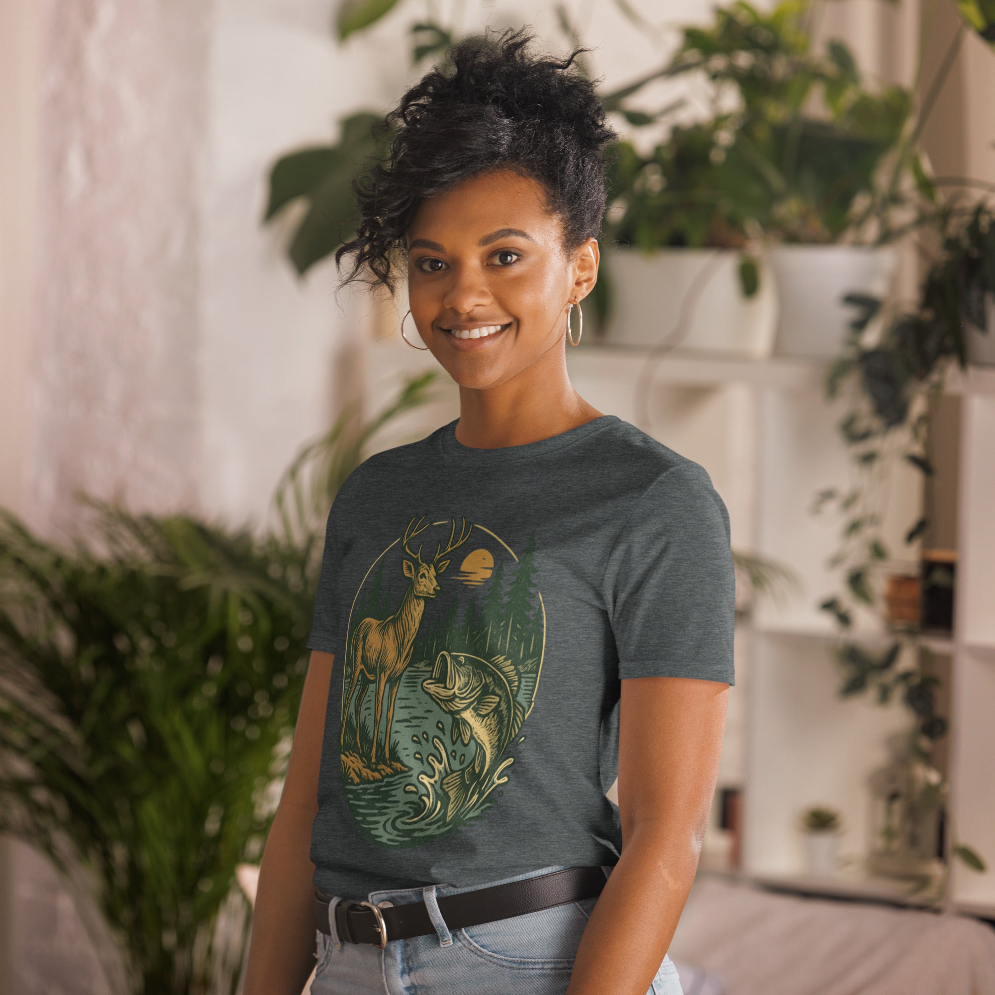 Unisex short-sleeve T-shirt with deer and bass graphic, dark heather gray
