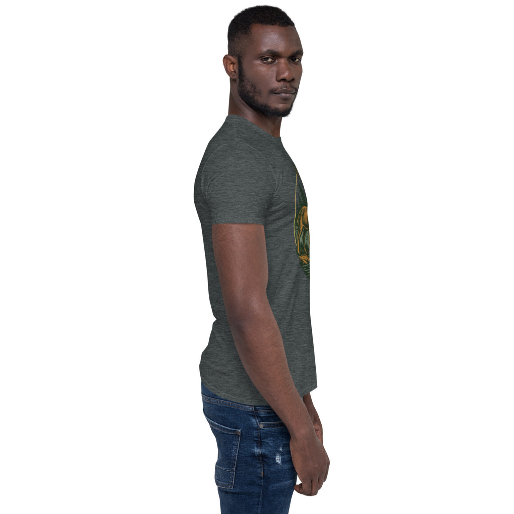 Unisex short-sleeve T-shirt, dark heather gray, with deer and bass chest graphic