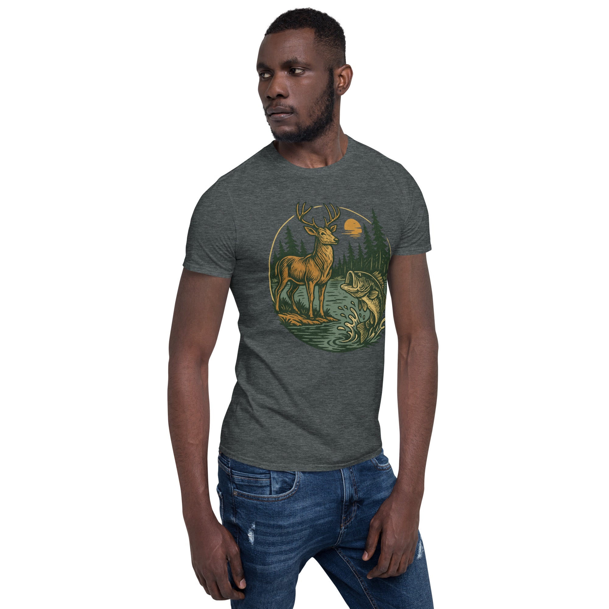 Charcoal heather crewneck T-shirt with vintage deer and fish graphic on front