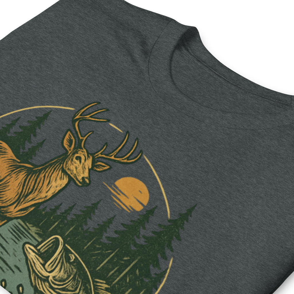 Charcoal heather unisex T-shirt with deer and bass graphic, short sleeves